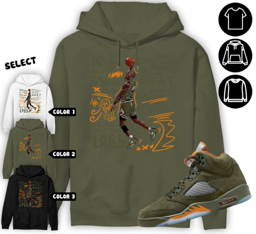 MJ Accolades Sneaker Unisex Tees Jordan 5 Olive Military Green Cartoon 90s Sweatshirt to match Sneaker, Outfit back to school Hoodie