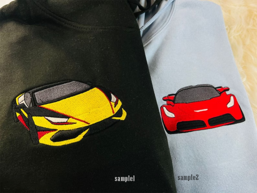 Cars Embroidered Photo Hoodie, Personalised Car Drawing Matching Couple Hoody, Sketch from Photo Car Sweatshirt