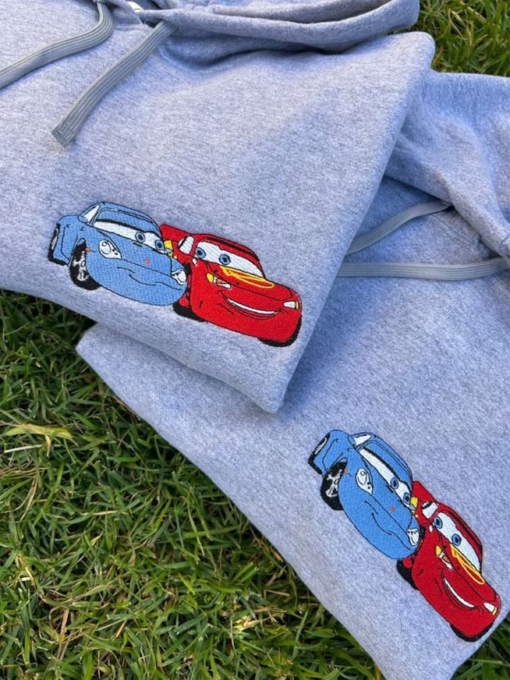 Ca.rs Sa.lly and m.cque.en embroidered matching crewnecks, Car.toon Love Car Embroidery, valentines gift for him, for her, couple crewnecks