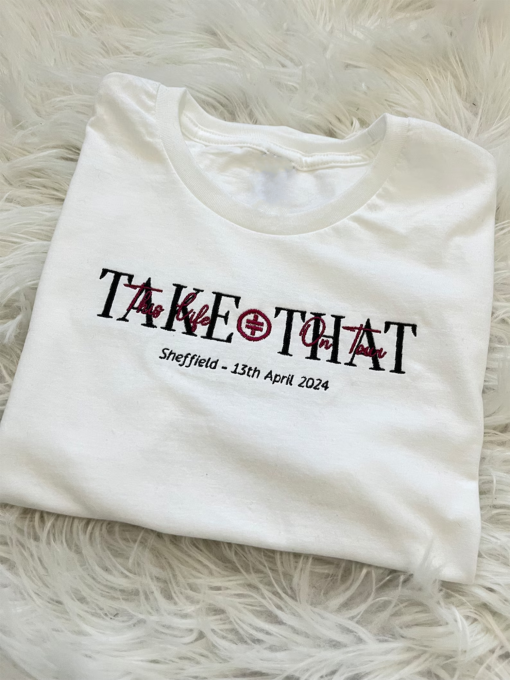 Take That This Life on Tour 2024 customised t-shirt with town, date and thread colours of your choice