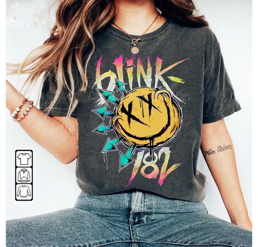 Blink 182 Smiley Face Pop Punk Band comfort color Shirt, 182 World Tour 2023 Shirt, Arrow Smiley Shirt, Vintage Blink Shirt