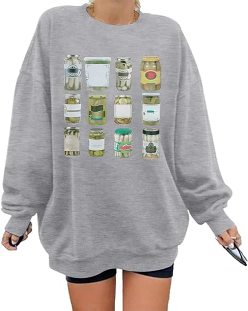 Pickle Sweatshirt Women Oversized Pickle Jar Sweatshirts Vintage Canned Pickles Lovers Long Sleeve Shirt