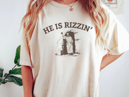 He is Rizzin’ Funny Easter Shirt of Jesus Taking a Tomb Selfie, Retro Christian Faith Religious Graphic Tee, Weirdcore Clothing That Go Hard