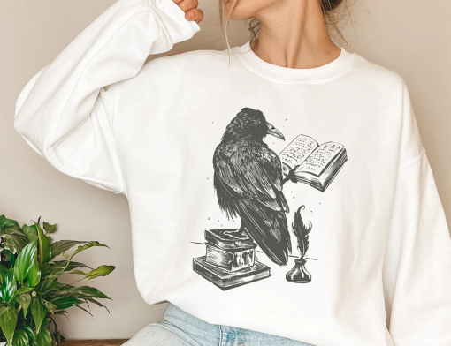 Raven Reading Sweatshirt, Raven Sweatshirt, Dark Academia, Book Lover Sweatshirt, Goth Shirt, Reading Tee, Goth Raven Sweater, Literary Gift