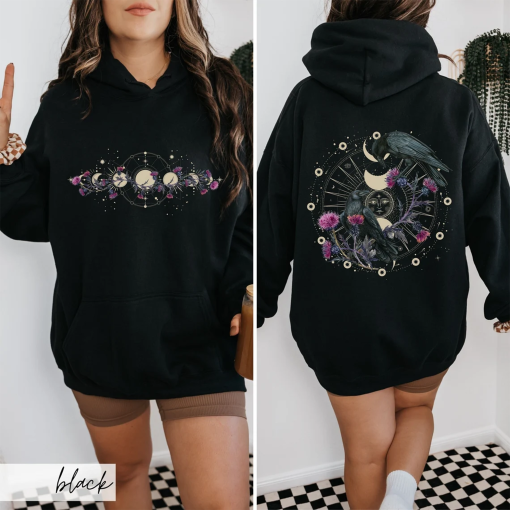 Celestial Ravens and Thistles Hooded Sweater, Moon Phase Whimsigoth Crow Hoodie, Spiritual Bird Lover Dark Academia Gift for Mystical Mama