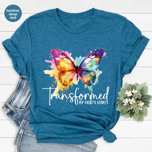 Inspirational T-Shirt, Christian Gifts, Butterfly Tshirt, Bible Verse Clothing, Women Vneck Shirt, Gift for Her, Transformed By God’s Love