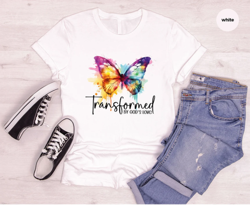 Inspirational T-Shirt, Christian Gifts, Butterfly Tshirt, Bible Verse Clothing, Women Vneck Shirt, Gift for Her, Transformed By God’s Love