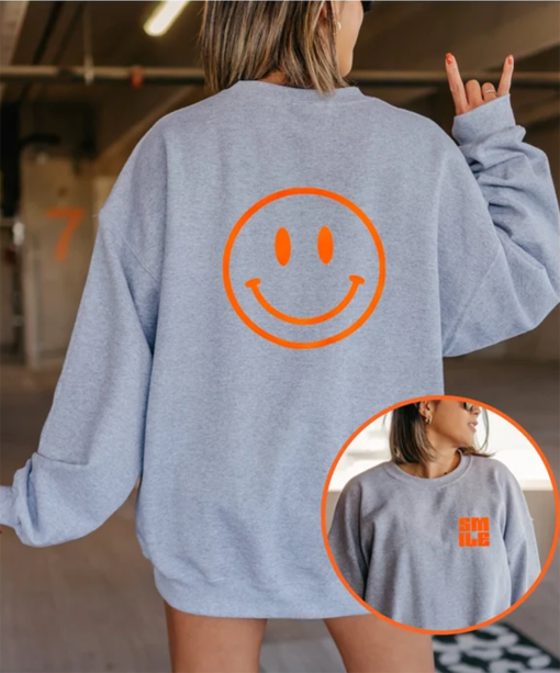 Neon Orange Smile Sweatshirt Preppy Crewneck Oversized Trendy Sweatshirt Cute Summer Sweatshirt Happy Face Crewneck Aesthetic Clothing