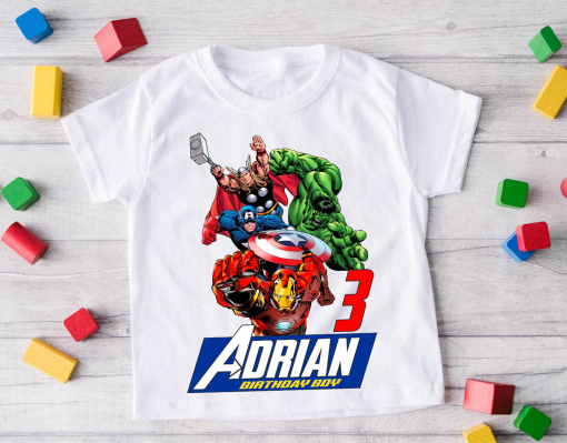 SuperHero Avengers Custom Birthday T shirt kids size 5 White short sleeve