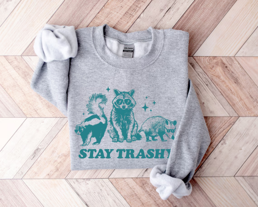 Stay Trashy Funny Meme Graphic T-Shirt, Retro Unisex Adult Tshirt, Vintage Raccoon Opossum Skunk Shirt, Nostalgia Shirt, Relaxed Cotton Tees