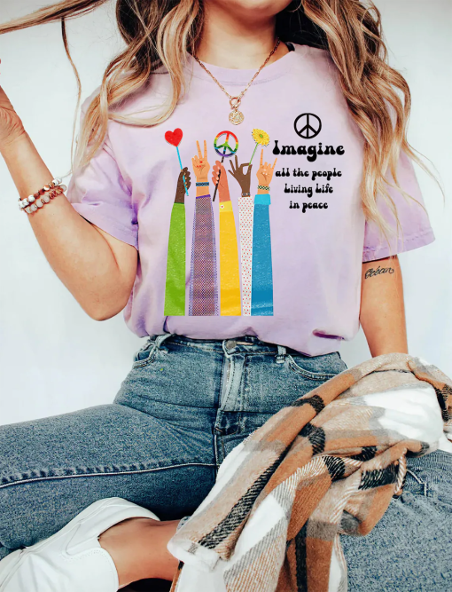 COMFORT COLORS Peach T-shirt, Imagine All The People Living Life in Peace Tee, Beatles Song Lyrics Shirt, Hippie Life Outfit