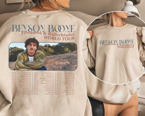 Benson Boone Fireworks and Rollbladers Tour 2024 Shirt, Beautiful Things Concert Fan Merch Gifts Tour Dates Tee Double Sided 2 Side