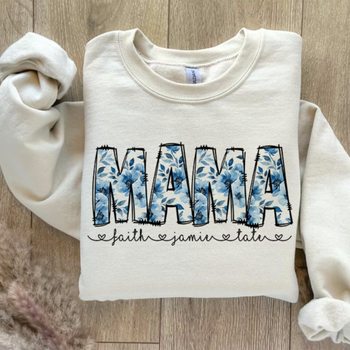 Blue Flowers Floral Mama shirt, Floral Print Mama shirt, Floral Spring Fall Mama With Editable Kids Names, Custom Mama shirt, Mother’s Dayshirt