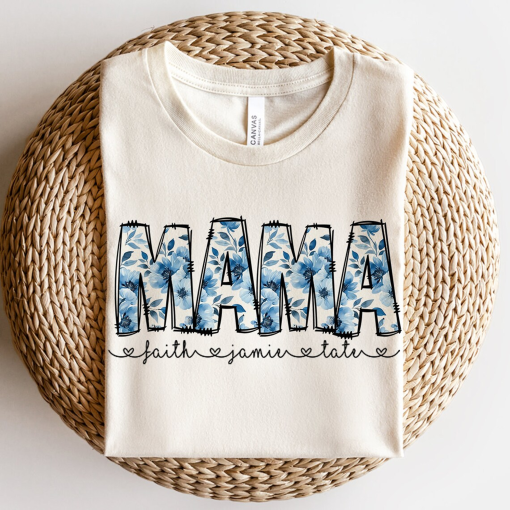 Blue Flowers Floral Mama shirt, Floral Print Mama shirt, Floral Spring Fall Mama With Editable Kids Names, Custom Mama shirt, Mother’s Dayshirt