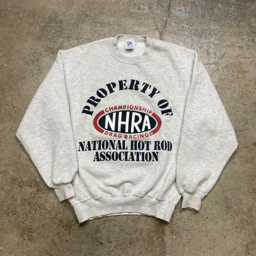 Vintage Property of National Hot Rod Association NHRA Gray Crew Sweatshirt Sz Medium Made in USA