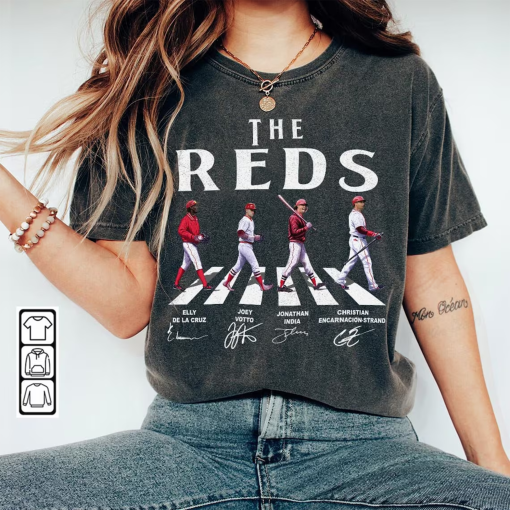 Reds Walking Abbey Road Signatures Baseball Shirt, Elly De La Cruz, Votto, Jonathan India, Encarnacion-Strand, Cincinnati Vintage 1410 VCT