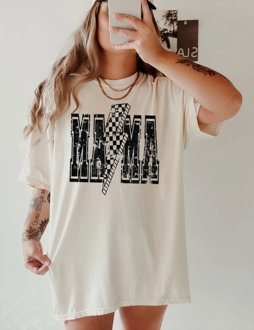 Comfort Colors® Checkered Mama Lightning Bolt Shirt, 90s Retro Mama Shirt, Mother’s Day Gift, Motherhood Shirt, Mom Life Tee, Sweatshirt