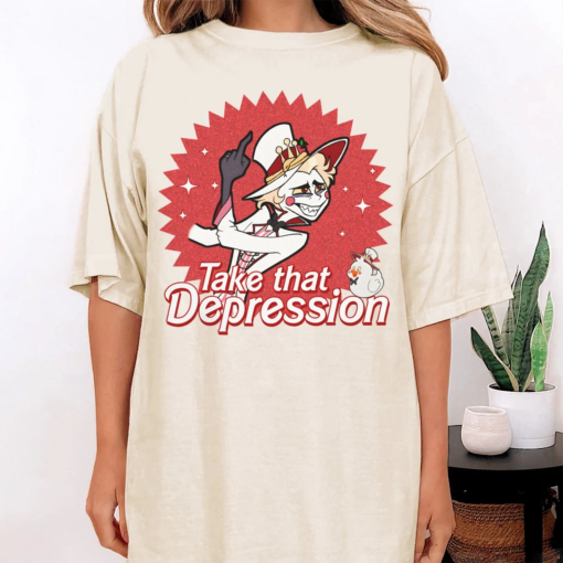 TAKE THAT DEPRESSION Shirt, Lucifer Morningstar Comfort Colors Shirt, Lucifer Hazbin Hotel Shirt, Lucifer Vivziepop Shirt Cartoon Sweatshirt