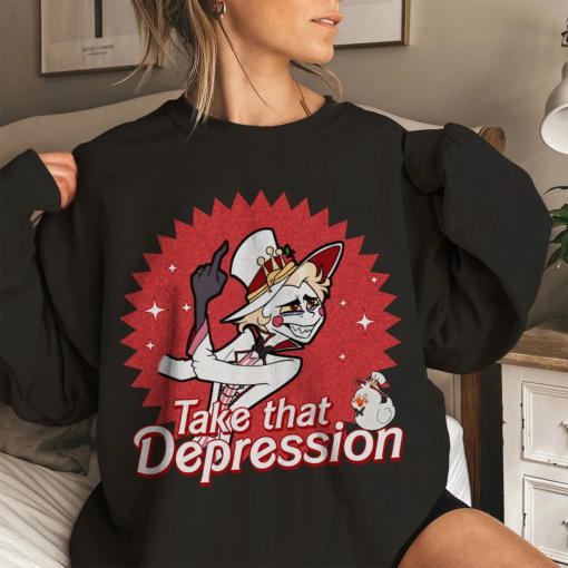 TAKE THAT DEPRESSION Shirt, Lucifer Morningstar Comfort Colors Shirt, Lucifer Hazbin Hotel Shirt, Lucifer Vivziepop Shirt Cartoon Sweatshirt