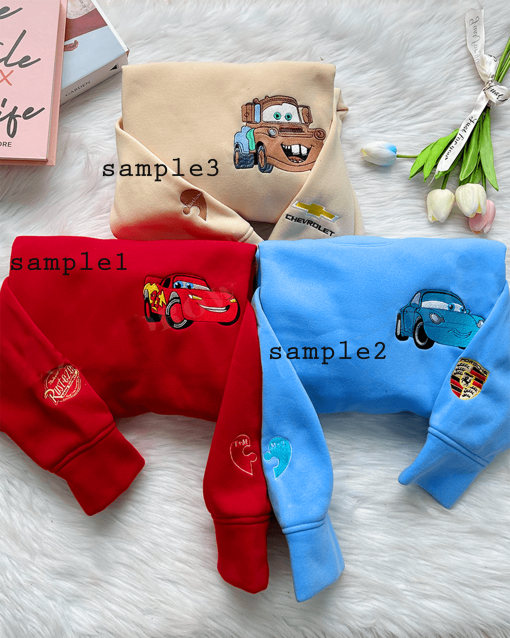 Cars Characters Couple Sweatshirt, Personalized Friend Gift, Couble Embroidered Sweatshirt, Cartoon Funny Sweat