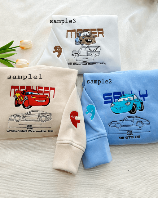 Cars Characters Couple Sweatshirt, Personalized Friend Gift, Couble Embroidered Sweatshirt, Cartoon Funny Sweat