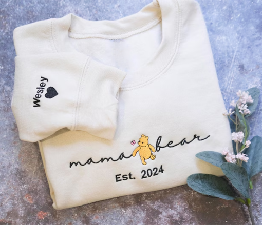 Embroidered Sweatshirt for Mom, Sleeve Embroidered Sweatshirt, Mama EST , Custom Gift for Mom, Embroidered Mama Bear pooh shirt