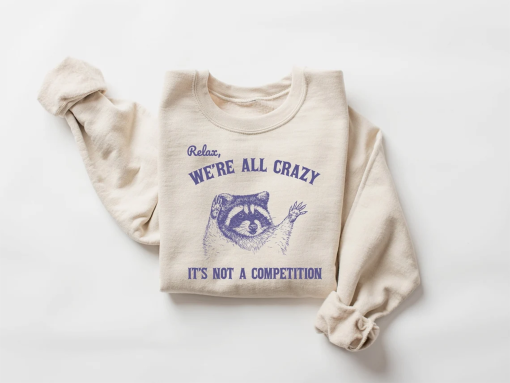 Relax We Are All Crazy Its Not A Competition Shirt, Retro Unisex Adult T Shirt, Vintage Raccoon Tshirt, Nostalgia Shirt, Relaxed Cotton Tees