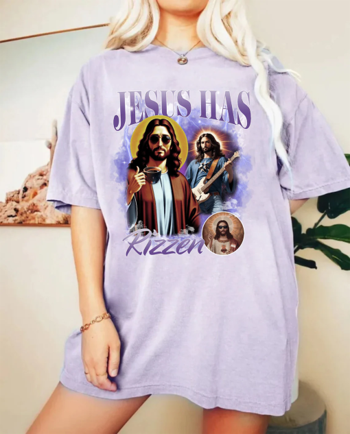 Comfort Colors® Jesus Has Rizzen Vintage T Shirt, Retro 90s Shirts, Meme Shirts, Funny Shirts, Distressed Cotton Shirt, Jesus Shirt