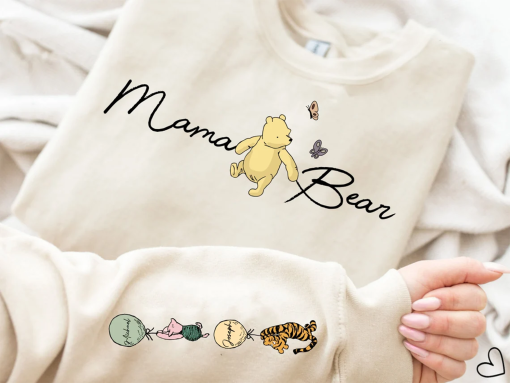 Custom Mama Bear Sweatshirt with Kid Name on Sleeve, Personalized Mama Bear Shirt, Pooh Mommy ,Cute Mom Shirt, New Mom Gift, Mama Shirt