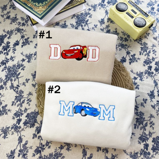 Cars Mom and Dad Embroidered Shirt, Lightning McQueen Dad And Sally Mom Embroidered Shirt