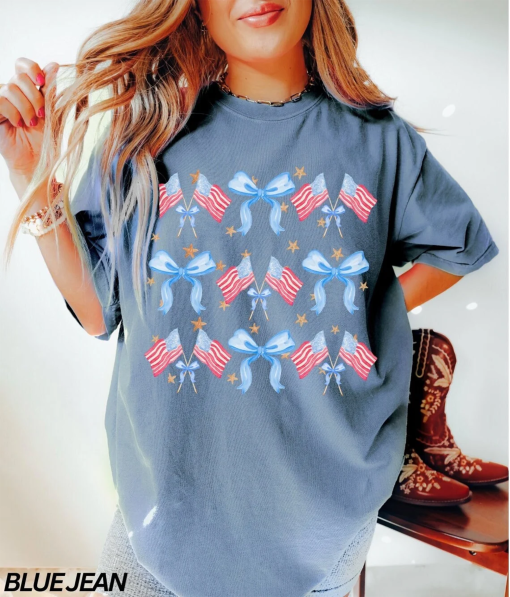 Coquette 4th of July Shirt, American Flag Shirt, USA Shirt, Retro 4th of July Shirt, Trendy Summer Shirt, Comfort Colors®, Coquette Bow Tee