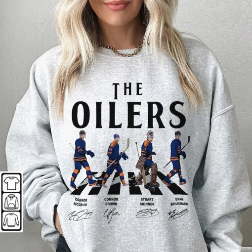 Oilers Walking Abbey Road Signatures Ice Hockey Shirt, Connor McDavid, Connor Brown, Skinner, Evan Bouchard, Edmonton Vintage