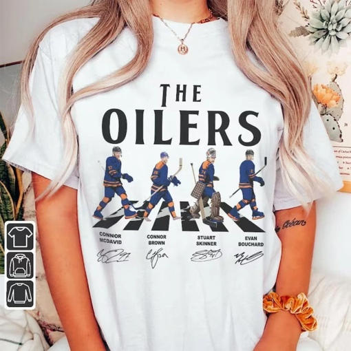 Oilers Walking Abbey Road Signatures Ice Hockey Shirt, Connor McDavid, Connor Brown, Skinner, Evan Bouchard, Edmonton Vintage