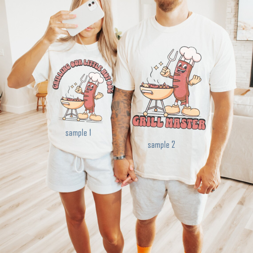 Summer BBQ Baby Announcement Couples Shirts, Grill Master Shirt, Grilling Our Little Hot Dog Tshirt, 4th of July Pregnancy Announcement