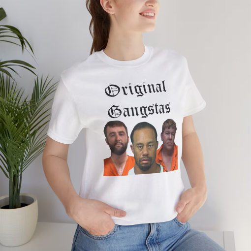 Scottie Scheffler Mugshot T Shirt Free Scottie T Shirt Scottie Scheffler, Tiger Woods, & John Daly Original Gangstas Mugshot T Shirt