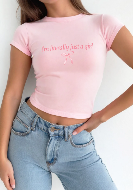 Baby Tee I’m literally just a girl, Baby Tee, Baby Girl, Funny Baby Tee, Cute Baby, Bow Tee, y2k baby tee, 90s baby tee, y2k, Crop