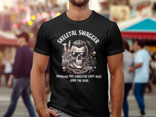 Skeletal Swagger: Unisex Tee with Retro 90s Gangster Vibes – Trendy Black, Bold, and Packed with Humor for Timeless Street Style Statement!