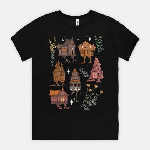 PREORDER Baba Yaga Houses Black T-shirt (witchy, cottagecore, whimsigoth botanical clothing)