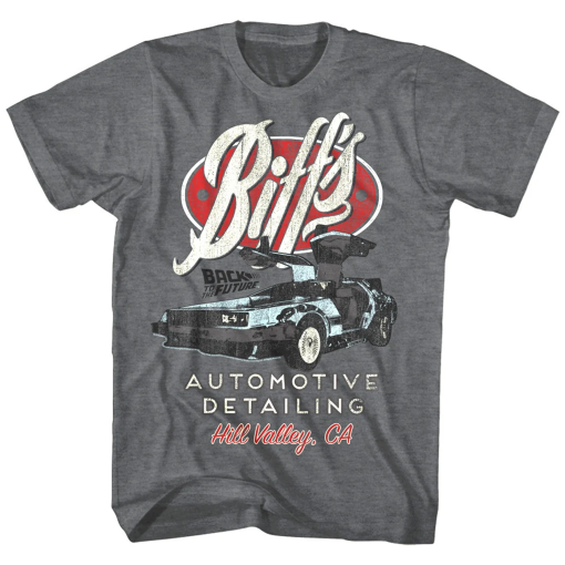 Back to The Future Men’s T-Shirt Biff’s Automotive Detailing Charcoal Heather Graphic Tee Big and Tall T-shirts 80s Movie Tees