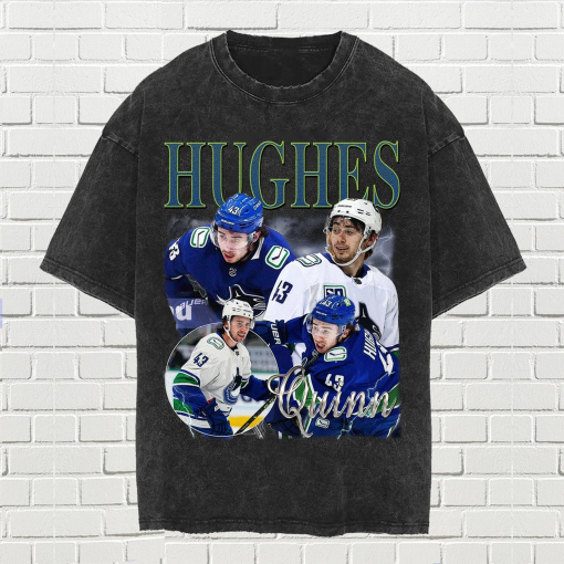 Quinn Hughes Vintage Washed T-Shirt, Ice Hockey Defence Homage Graphic Unisex Long Sleeve, Bootleg Retro 90’s Fans Hoodie Gift