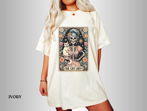 The Cat Lady Funny Tarot Card T-Shirt, Cat Lover Skull Tarot T-shirt, Funny Cat Woman Witchy Skeleton Shirt, Oversized Comfort Colors Tee