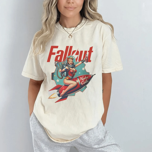 Fallout Graphic Shirt Retro Nuka Cola Bottle Cap with Vintage Ad on Back Video Game Hoodie Fall Out Vault Tec Memorabilia Merch Sweatshirt