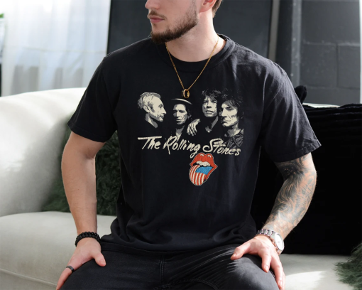 The Rolling Stones USA Tongue T-Shirt on Vintage Black Comfort Colors Tee