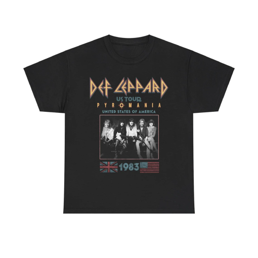 Def Leppard Unisex T-Shirt Pyromania USA Tour 1983 Ivory T-shirt 100% Cotton Rock Band Concert Tees Artistic Cool Vintage Black Color