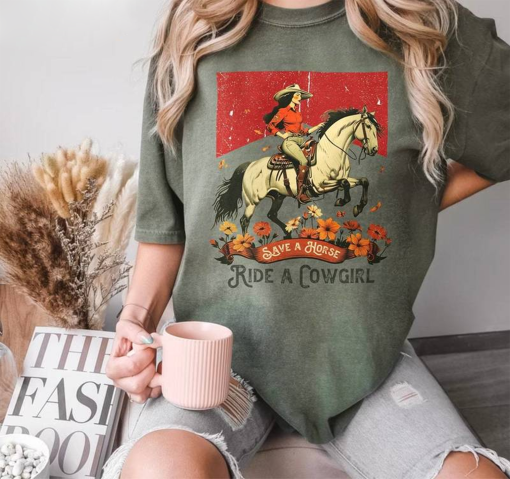 Funny Save A Horse Ride A Cowgirl Shirt, Trendy Crewneck Long Sleeve For Women