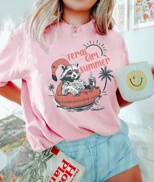 Vintage Feral Girl Summer Opossum Shirt, Summer Graphic Shirt, Summer Shirt Shirt, Funny Raccoon Shirt Design, Beach Shirt, Opossum Shirt