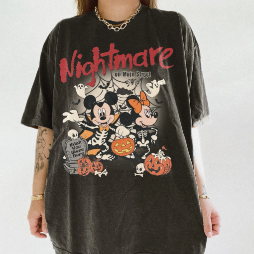 Vintage Mickey Minnie Skeleton Halloween Shirt, Nightmare On The Main Street, Disney Halloween Shirt, Retro Mickey Halloween Shirt, Fall Tee