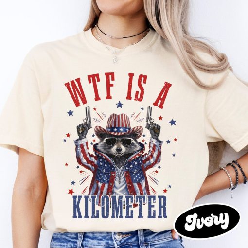 Retro WTF Is A Kilometer Raccoon Funny T-shirt, Funny Cringey USA Meme T-Shirt, USA Flag , Veteran Day Tee, Funny Gamer Shirt