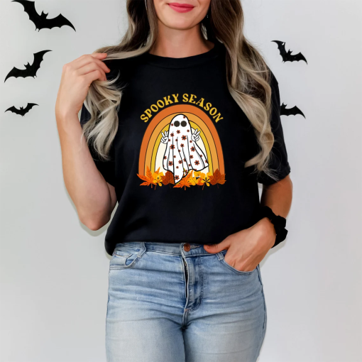 Comfort Colors Retro Halloween Shirt, Spooky Season Shirt, Cute Ghost Shirt, Fall Rainbow Shirt, Autumn Shirt, Halloween Women’s Shirt