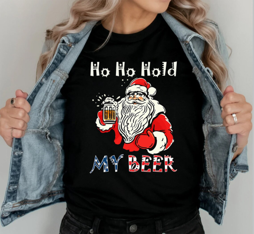 Christmas in July Shirt, Christmas Summer Santa Tee, Santa Ho Ho Hold My Beer American Flag Shirt, Santa Christmas in July Summer Vacation